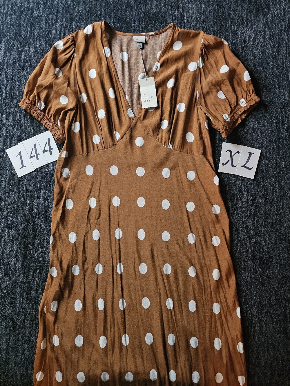 A New Day Polka Dot V-Neck Midi Dress in Rust and White NWT